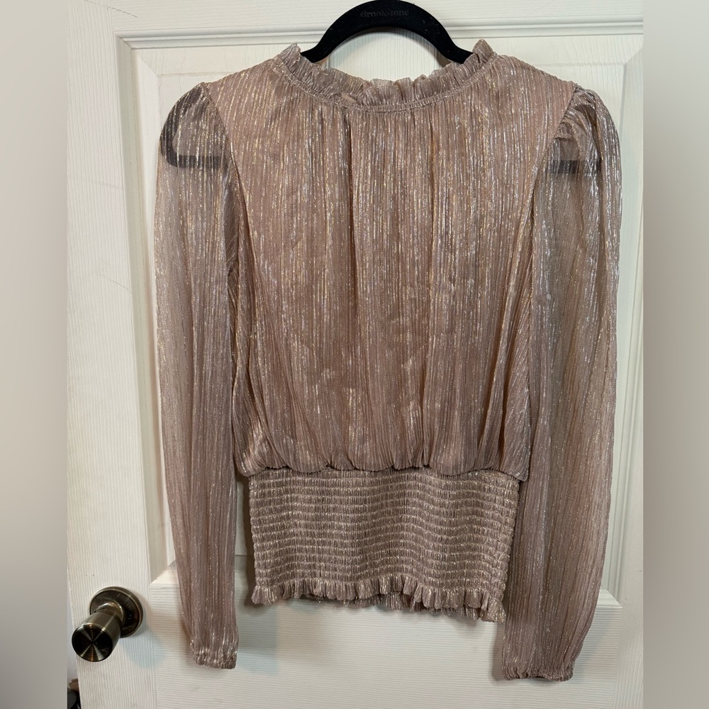 Joie Metallic Smocked Shimmer Sheer Blouse Champagne Rose Gold Size XS